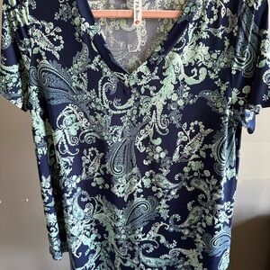 P & Rose - Relaxed Navy Blue and with Mint Green Paisley Blouse - Size S